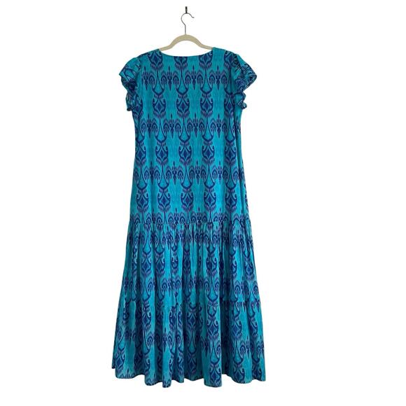 La Plage Bailey Tiered Maxi Dress Cotton Batik Leaf Blue coastal Boho Size XS - Picture 4 of 11